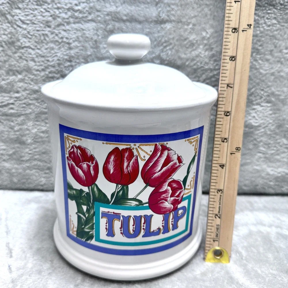 Vintage FWC The Cooks Bazaar Tulip Ceramic Kitchen Canister Jar with‎ Lid White
